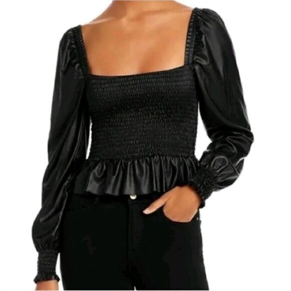 7 For Mankind Square Neck Smocked Faux Leather Top NWT